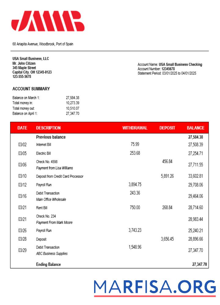 Blank Spain JMMB checking account statement Word and PDF template